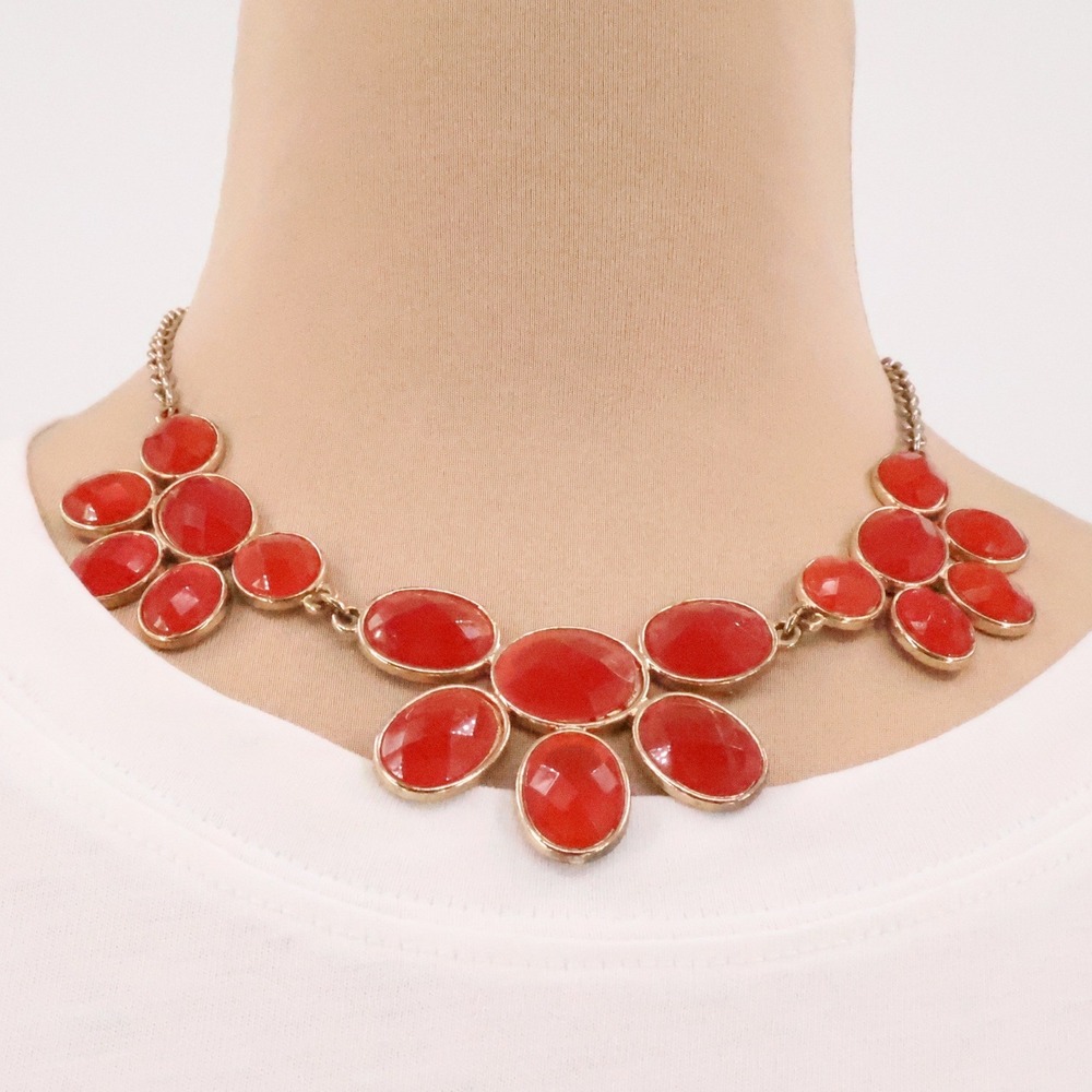 Gold‎ Tone Statement Bib Necklace Party Office Faceted Oval Cabochon Extender